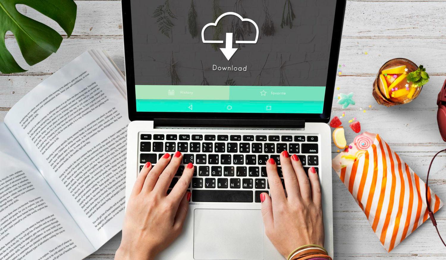 girl downloads file to laptop